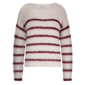 Red button Fuzzy sweater en stripe cream/ruby